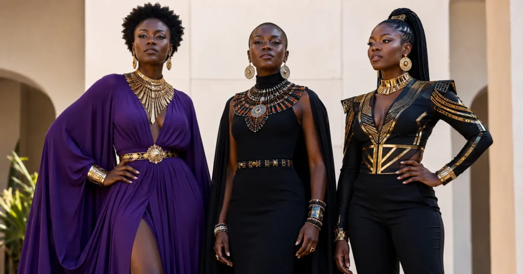 Black Panther Party Outfit Ideas: 30+ Wakanda-Inspired Looks for Every Guest 2 Black Panther party outfit ideas for women featuring elegant Wakanda-inspired fashion.