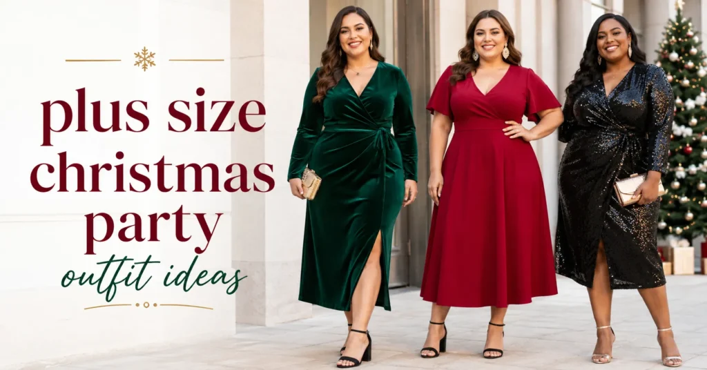 Plus Size Christmas Party Outfit Ideas featuring festive velvet, sequin, and A-line holiday looks