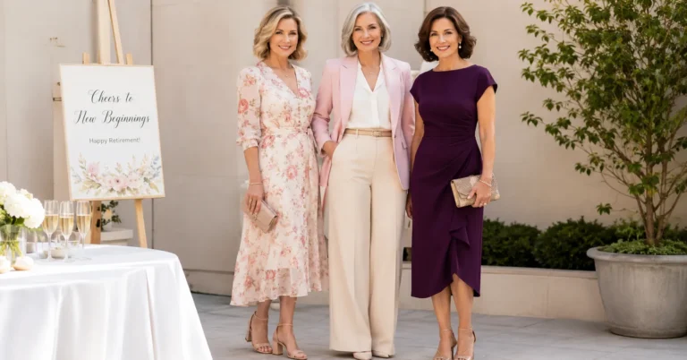 Retirement Party Outfit Ideas for Ladies featuring elegant dresses, blazers, and cocktail looks