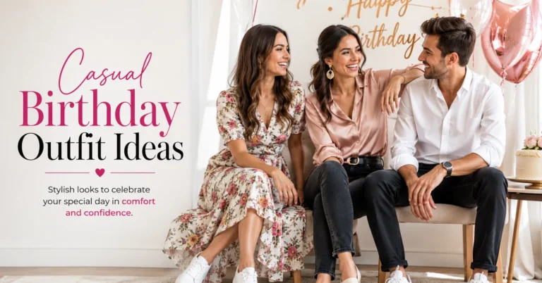 Casual Birthday Outfit Ideas featuring stylish women and men wearing relaxed birthday celebration outfits.
