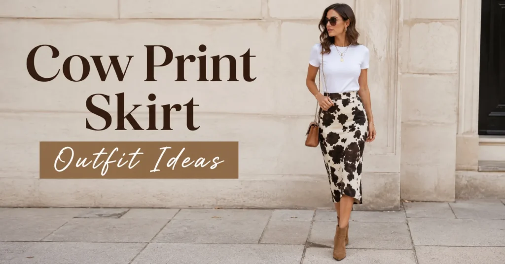 Cow Print Skirt Outfit Ideas: 30 Effortless Looks You'll Love 2 Cow Print Skirt Outfit Ideas featuring a woman wearing a stylish cow print midi skirt with a white tee and tan ankle boots.