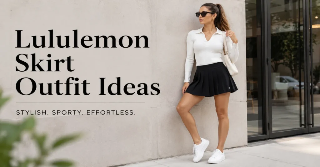 Lululemon Skirt Outfit Ideas featuring a stylish woman wearing a pleated Lululemon skirt with a fitted knit top and white sneakers.