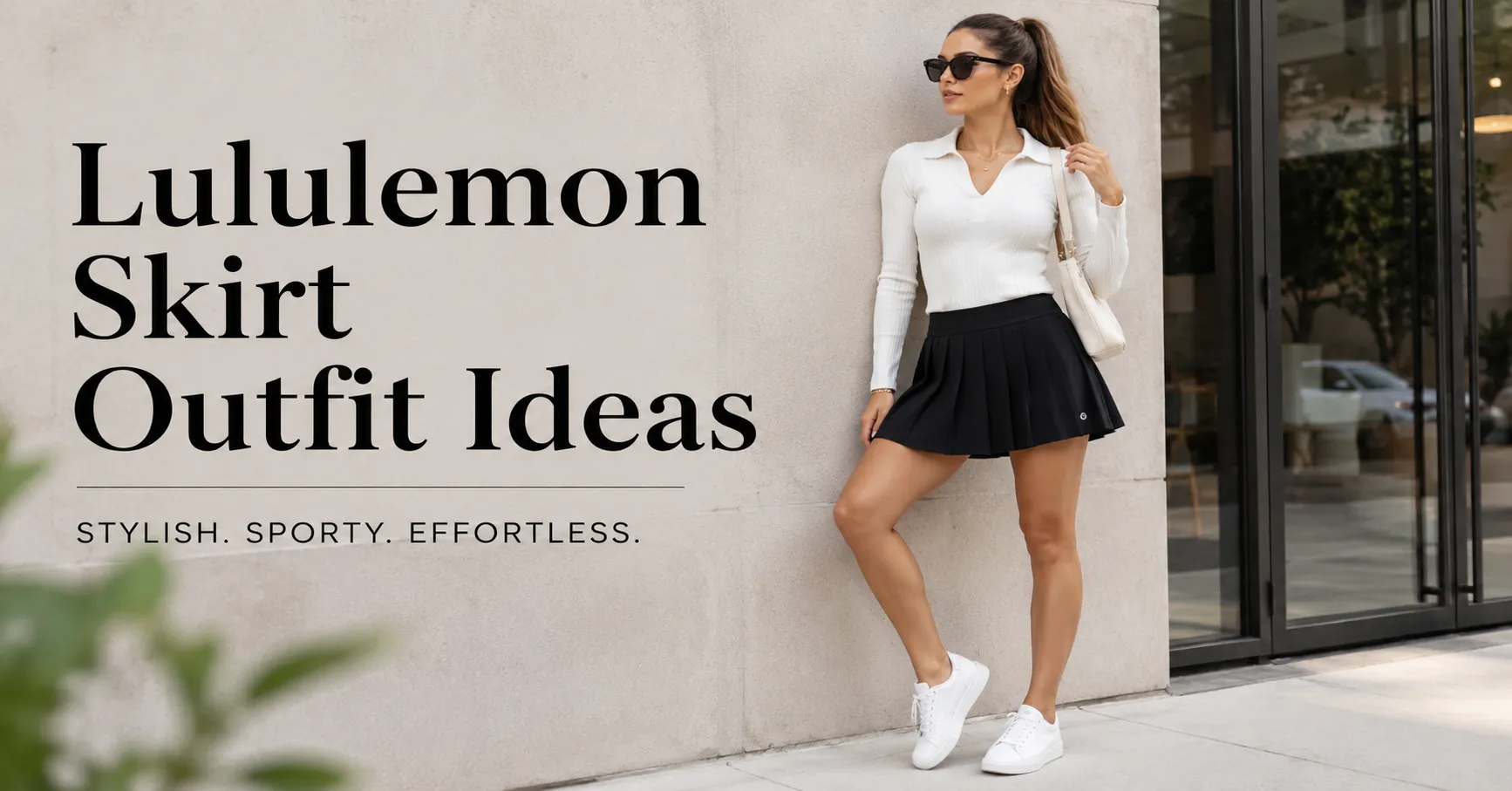 Lululemon Skirt Outfit Ideas featuring a stylish woman wearing a pleated Lululemon skirt with a fitted knit top and white sneakers.