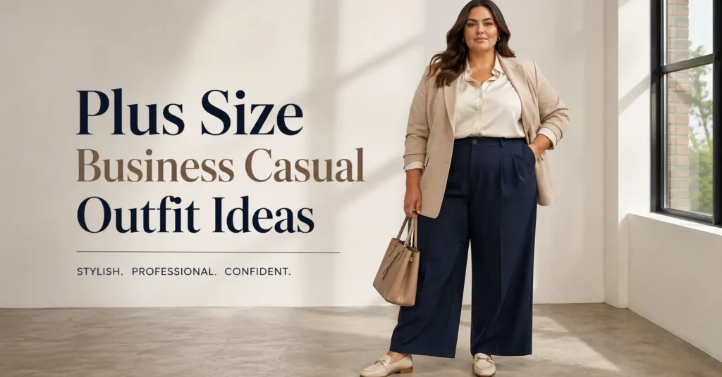 Plus Size Business Casual Outfit Ideas: 25 Effortless Looks for Work 2 Plus Size Business Casual Outfit Ideas featuring a professional woman in wide-leg trousers, blouse, and blazer.