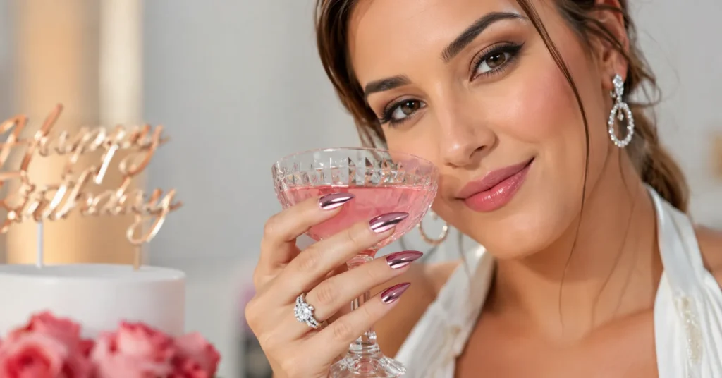 Glamorous birthday nails featuring chrome finish and luxury manicure inspiration for a birthday celebration.