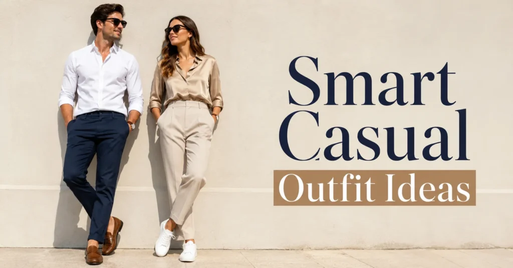 Smart Casual Outfit Ideas featuring a woman wearing tailored trousers, a silk blouse, and loafers.