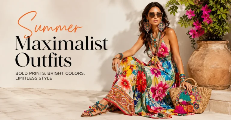 Summer maximalist outfits featuring a woman in a colorful floral dress with bold accessories and layered jewelry.