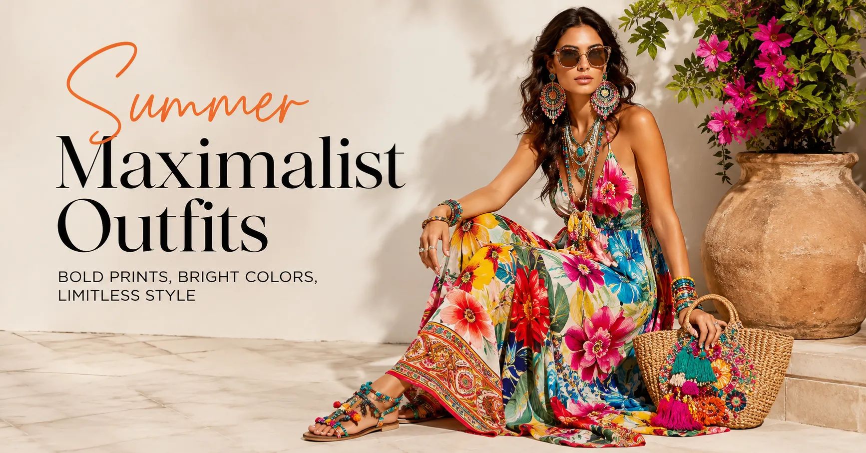 Summer maximalist outfits featuring a woman in a colorful floral dress with bold accessories and layered jewelry.