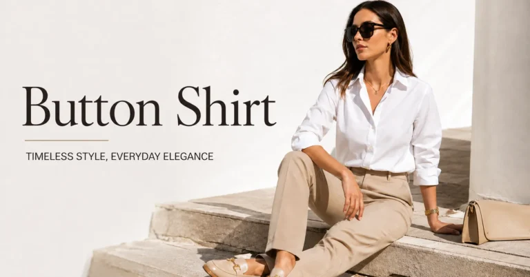 Button shirt styled with tailored trousers for a timeless and versatile fashion look.