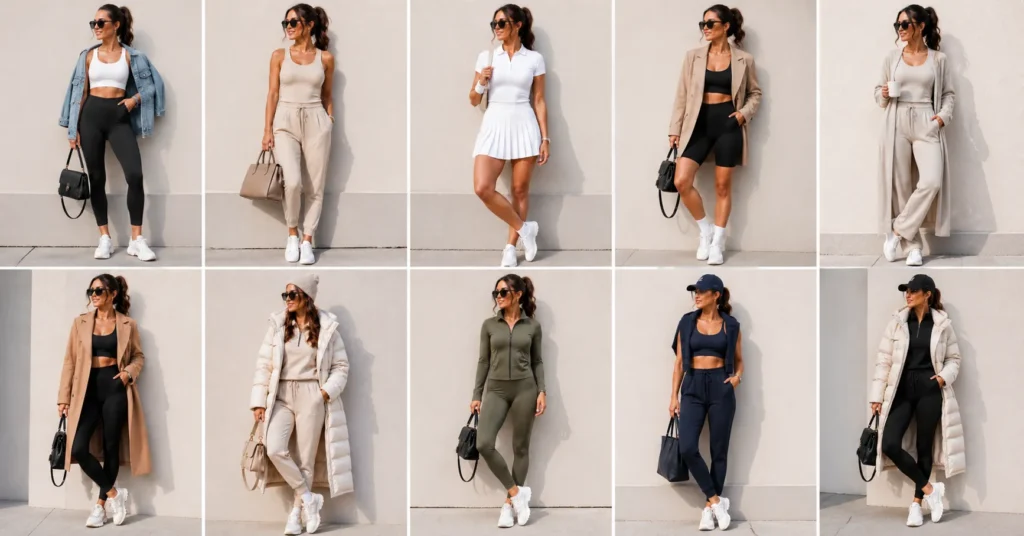 Sporty outfits for women displaying stylish neutral color combinations and athleisure fashion ideas.