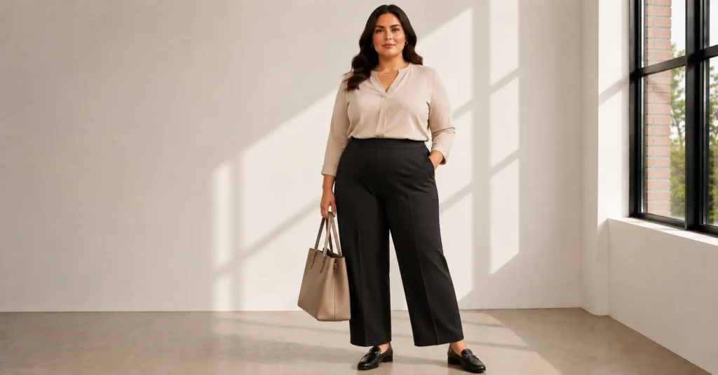 Plus Size Business Casual Outfit Ideas: 25 Effortless Looks for Work 11 Comfortable Plus Size Business Casual Outfit Ideas with ponte trousers and loafers.