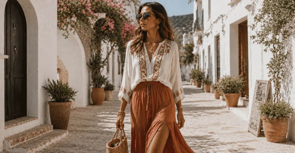 Ibiza outfits featuring a flowing maxi dress perfect for exploring Ibiza Old Town.