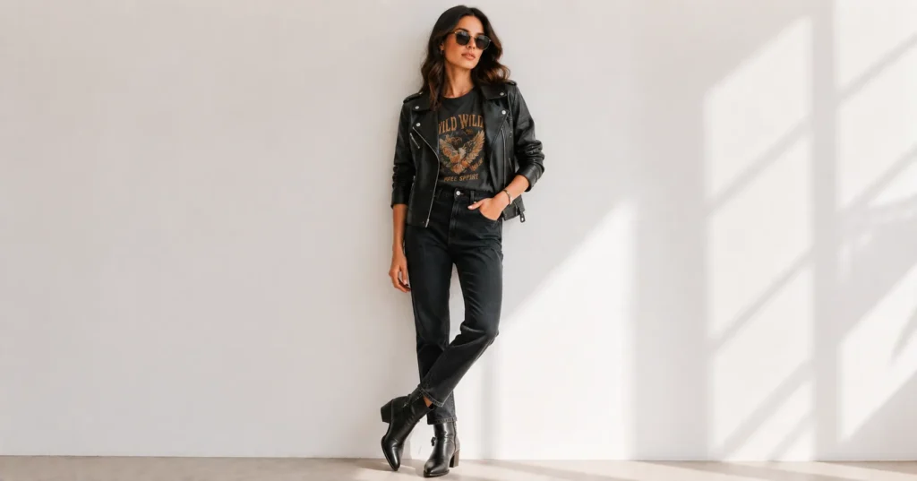 Graphic tee styling with leather jacket and boots