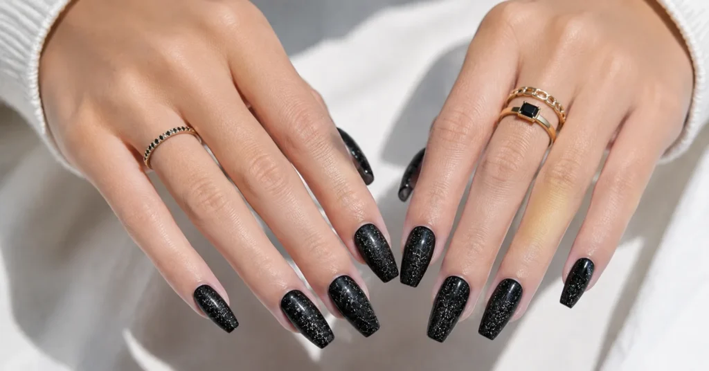 Black glitter nail art ideas with elegant sparkling manicure designs.