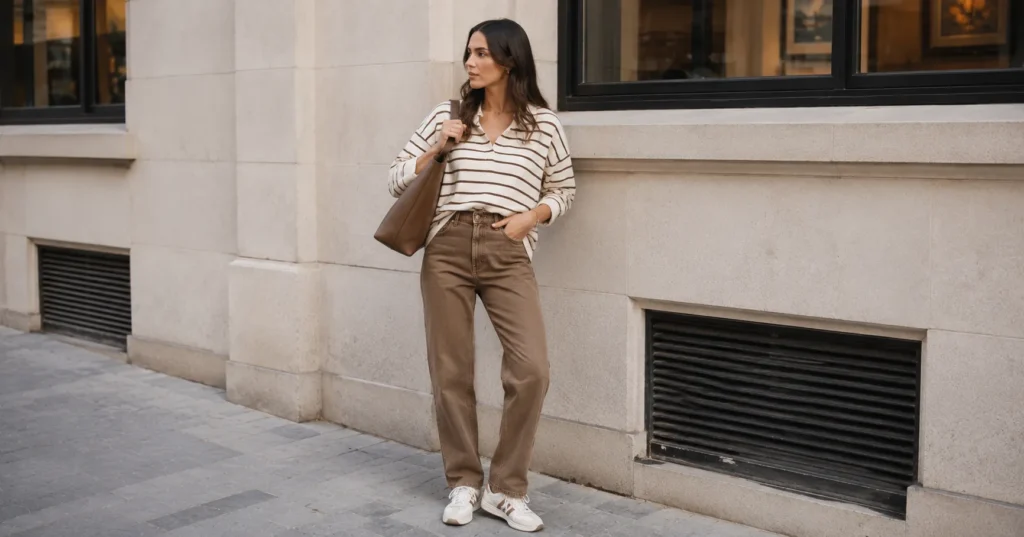 Brown jeans fashion trend featuring an easy weekend casual outfit.