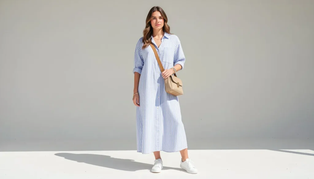 Shirt Dresses for Women: The Complete Style Guide 9 Shirt dresses for women styled casually with sneakers for a weekend outfit.