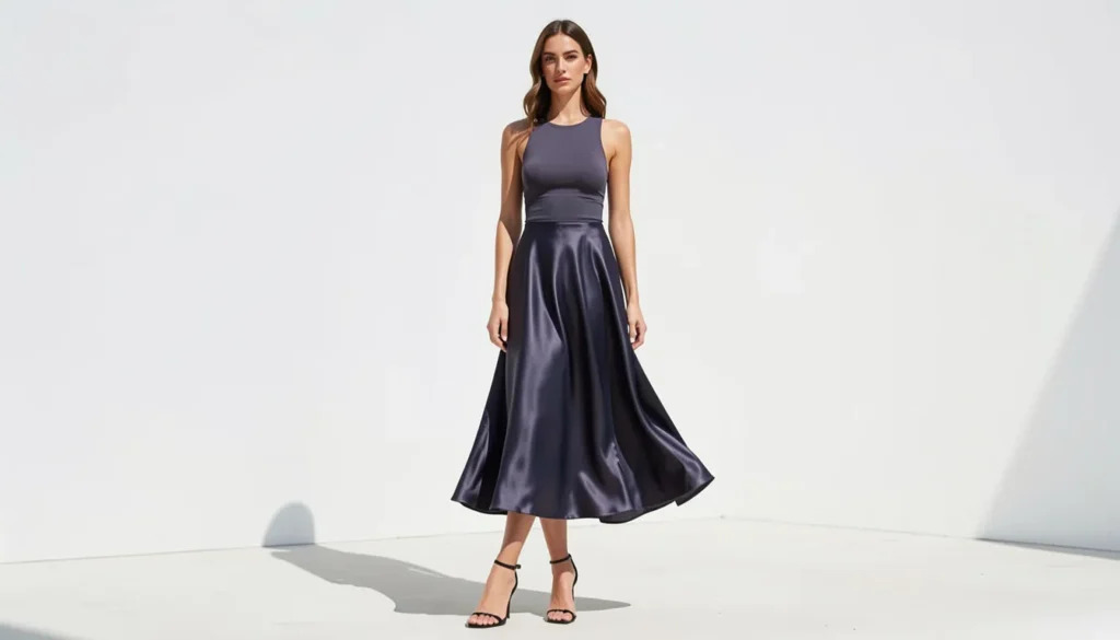 SKIMS tank top paired with a satin skirt for an elevated evening outfit.