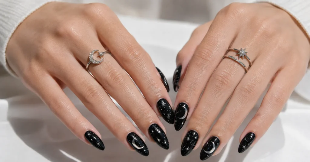 Black nail art ideas featuring celestial moon and star manicure designs.