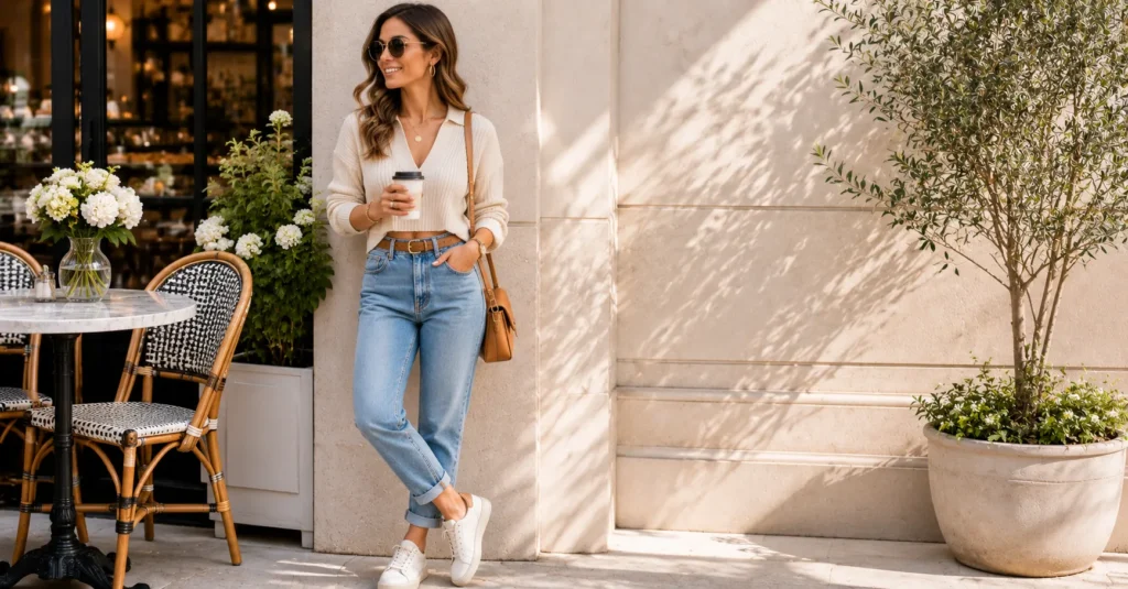 Casual Lunch Outfit Ideas: 30 Effortless Looks for Any Occasion 10 Casual lunch outfit ideas with mom jeans and a cropped knit sweater.