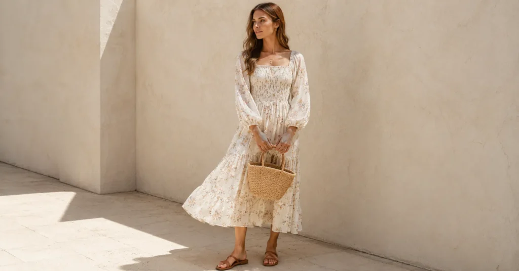 Doen Dress Outfit Ideas: How to Style Them in 2026 3 Doen dress outfit ideas with a floral prairie midi dress, leather sandals, and woven basket bag.