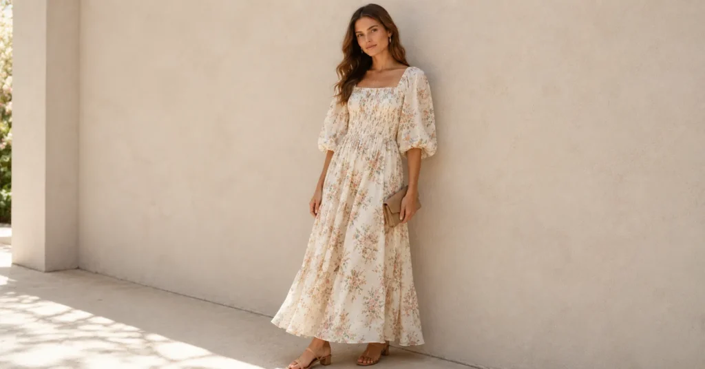 Doen Dress Outfit Ideas: How to Style Them in 2026 6 Doen dress outfit ideas featuring a floral maxi dress with block heels and delicate gold earrings.