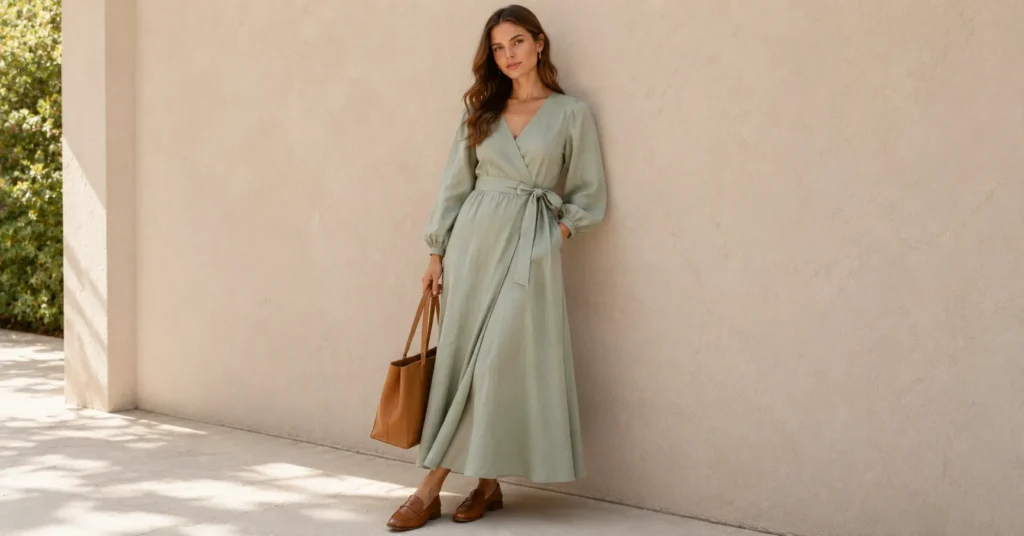 Doen Dress Outfit Ideas: How to Style Them in 2026 7 Doen dress outfit ideas with a sage green wrap dress, loafers, and structured tote for smart casual styling.