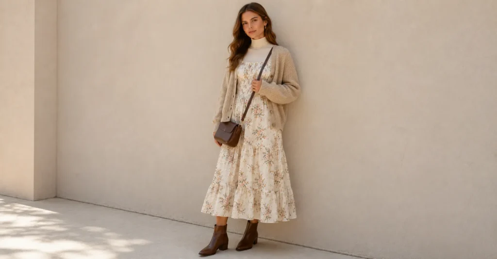 Doen Dress Outfit Ideas: How to Style Them in 2026 8 Doen dress outfit ideas for autumn with a prairie midi dress, turtleneck, cardigan, and ankle boots.