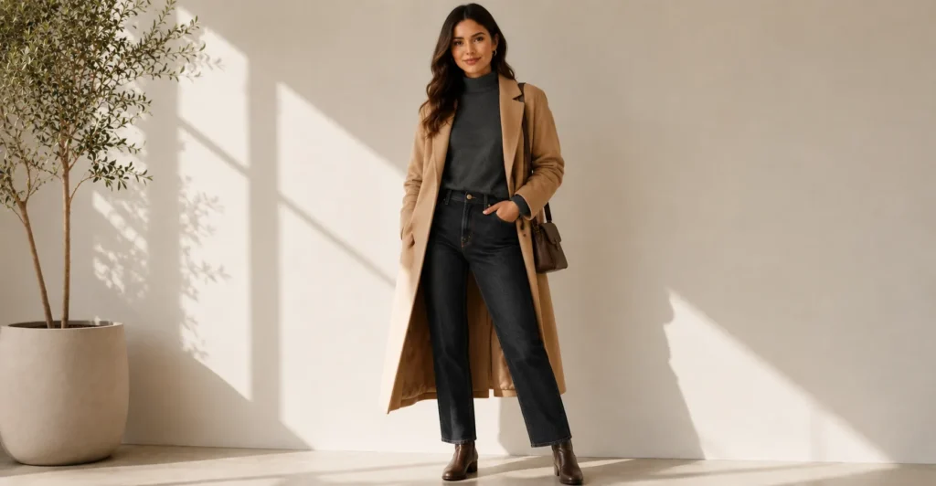 Layered Mock Neck Sweatshirt outfit with a wool coat for cool weather.