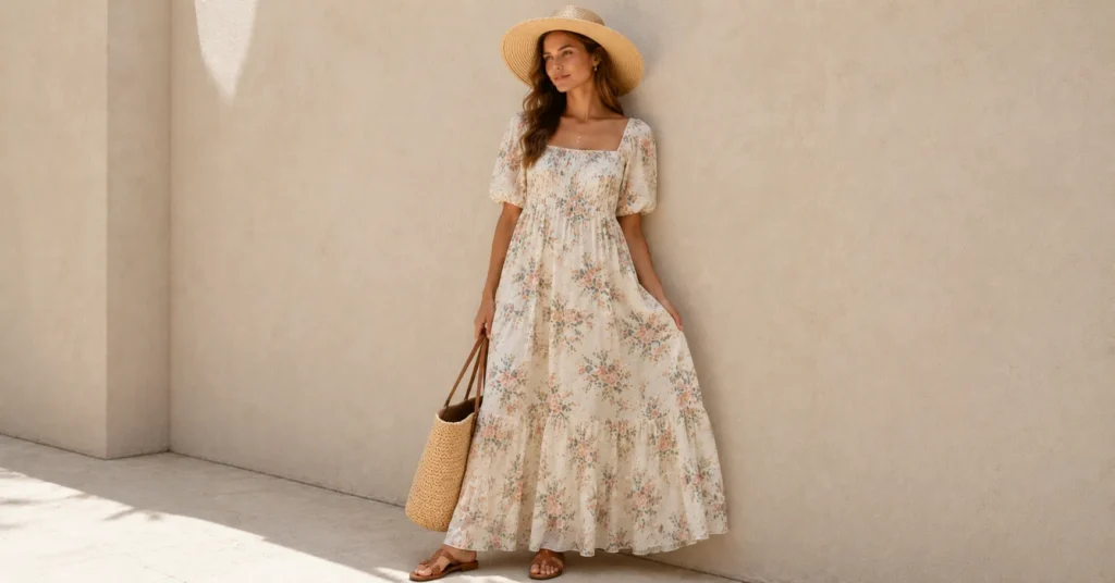 Doen Dress Outfit Ideas: How to Style Them in 2026 9 Doen dress outfit ideas with a flowing floral maxi dress, straw hat, and flat sandals for summer.