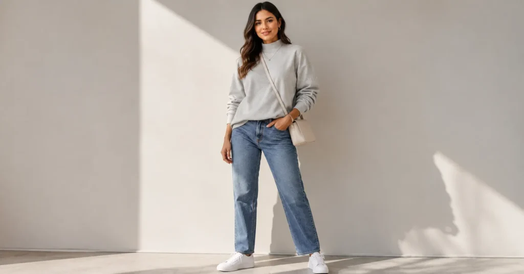 Mock Neck Sweatshirt paired with jeans and white sneakers for an everyday casual outfit.
