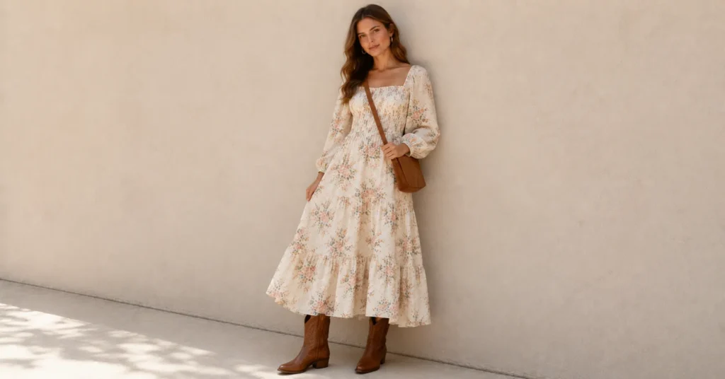 Doen Dress Outfit Ideas: How to Style Them in 2026 4 Doen dress outfit ideas featuring a prairie midi dress styled with brown cowboy boots.