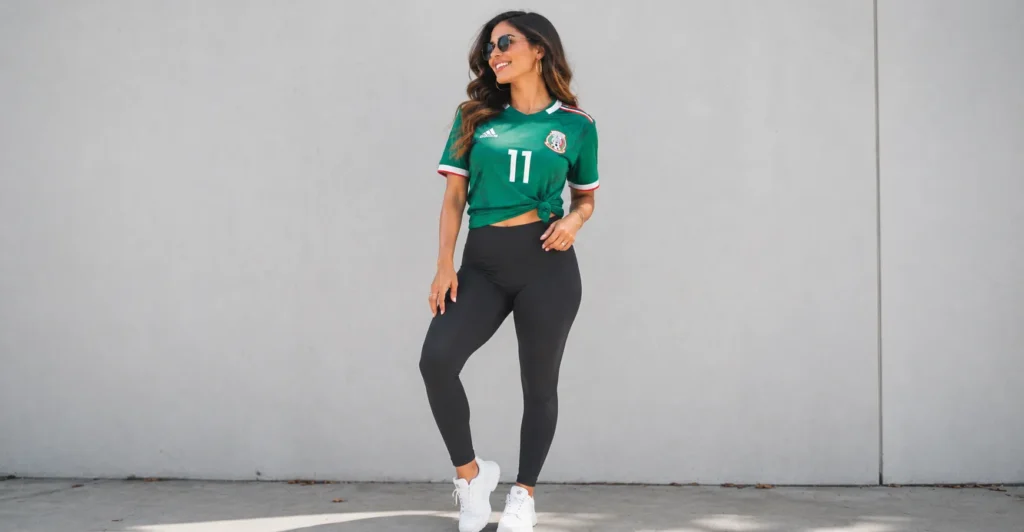 Woman wearing a knotted Mexico jersey with black leggings for a casual game day outfit.