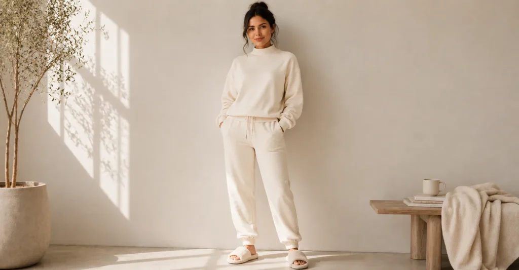 Soft Mock Neck Sweatshirt with joggers for a cozy loungewear outfit.