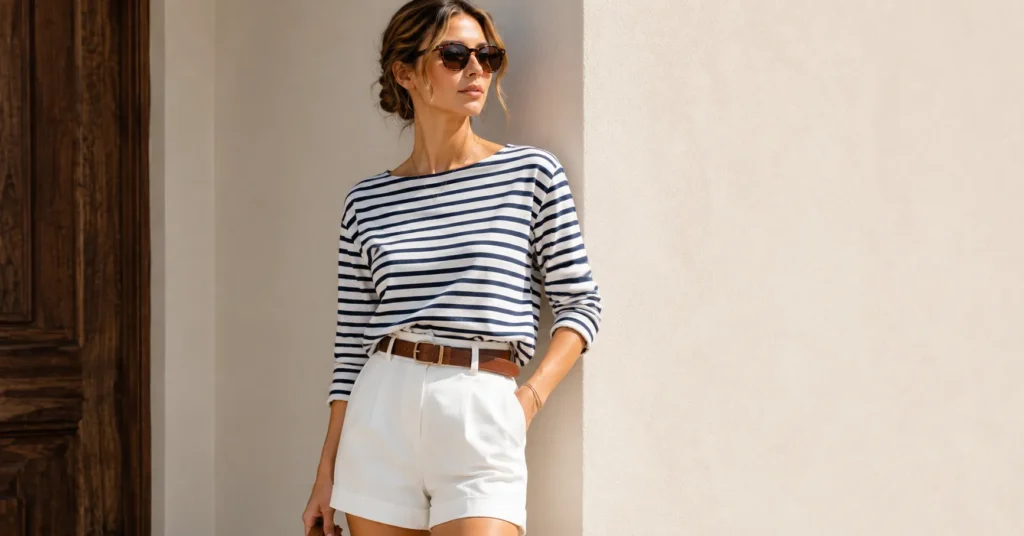 The Complete Guide to White Shorts Outfit Ideas: Styling Tips and Trends 3 White shorts outfit ideas with navy striped top creating a classic nautical summer look.
