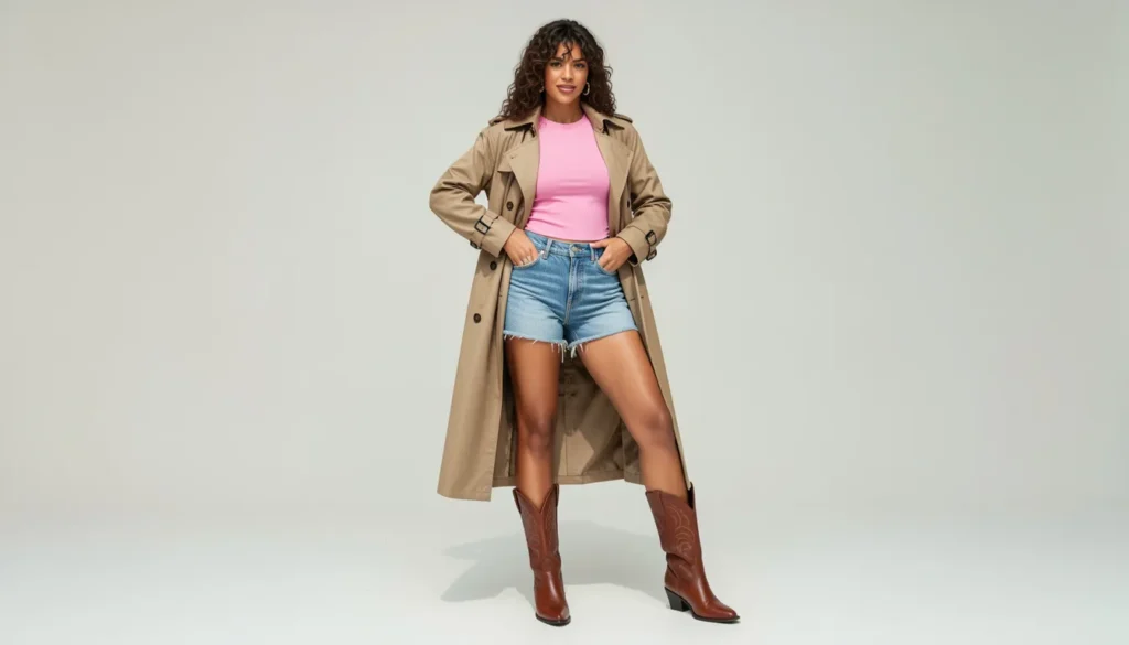 Lorelai Gilmore outfits ideas inspired by her famous first-day look with trench coat, denim shorts, and cowboy boots.