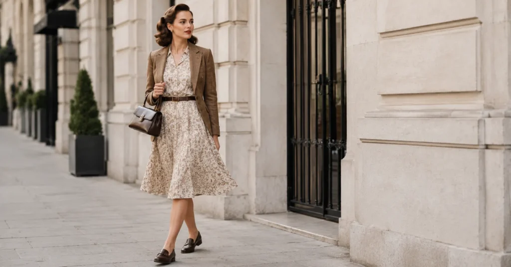 1940s old fashioned outfits featuring a classic tea dress and tailored blazer for everyday vintage style.