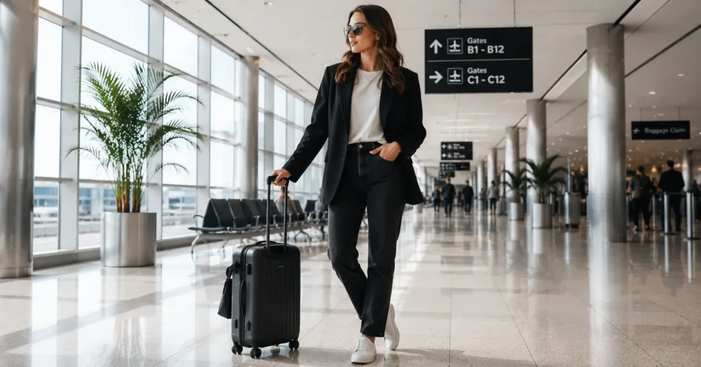 Plane outfits for short flights featuring jeans, a blazer, and comfortable sneakers for stylish airport travel.