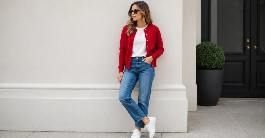 Red cardigan outfits paired with jeans and a white t-shirt for effortless everyday style.