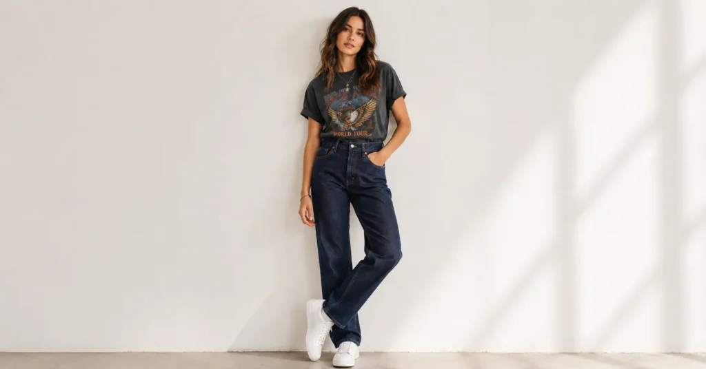 Graphic tee styling with jeans and white sneakers