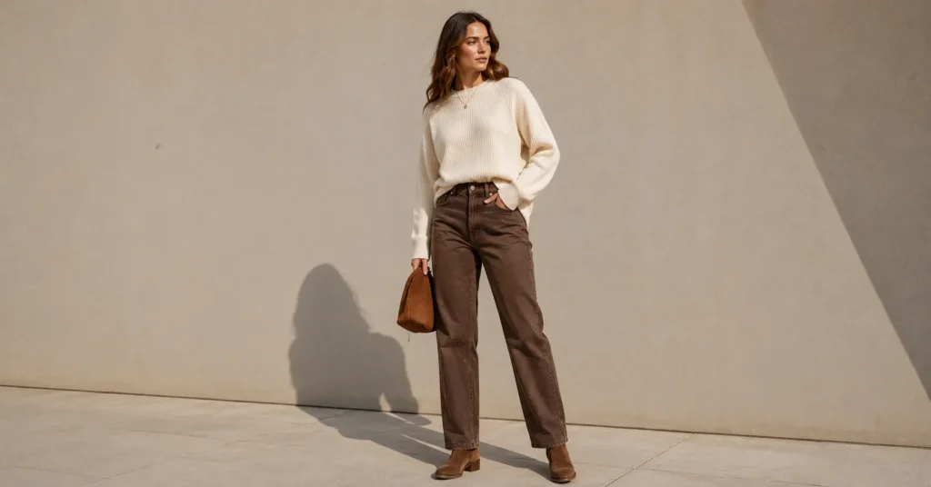 Brown jeans fashion trend with chocolate brown jeans and cream sweater outfit.