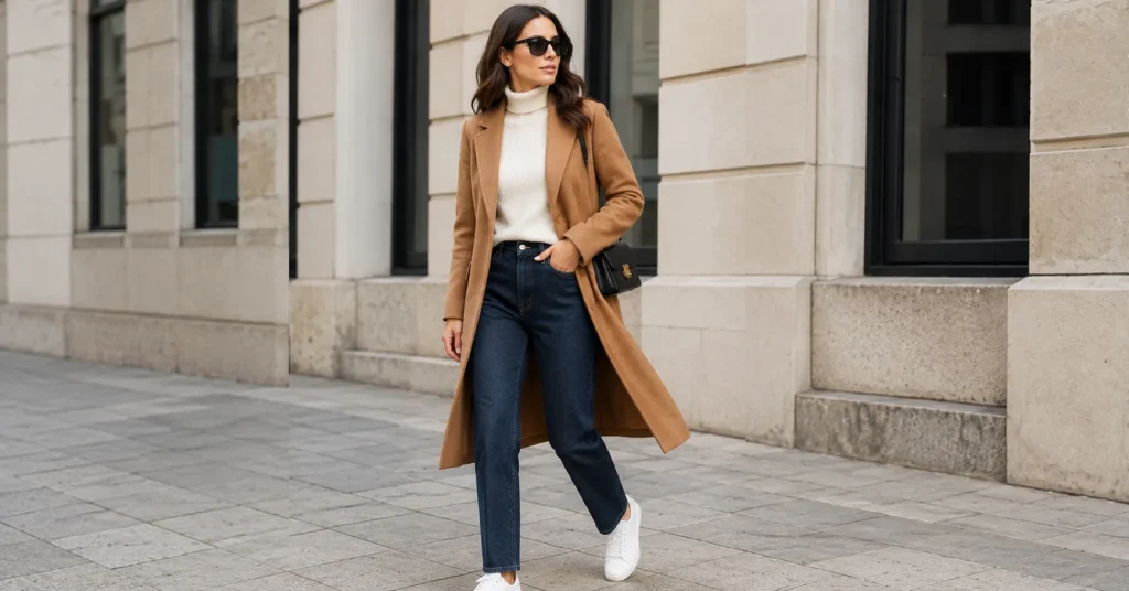 Car coat for women outfit ideas with a classic camel car coat and jeans.