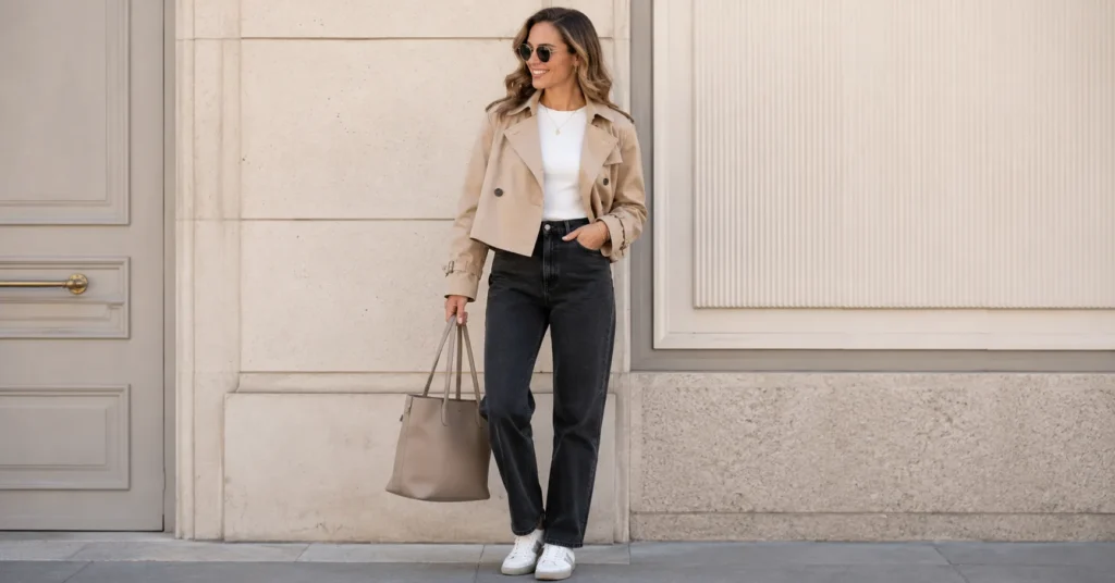 Cropped trench coat outfit ideas with jeans and white sneakers for a casual everyday look.