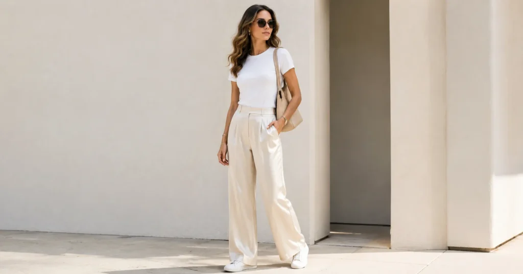 Silk trouser outfit ideas featuring silk pants styled with a white t-shirt and sneakers.