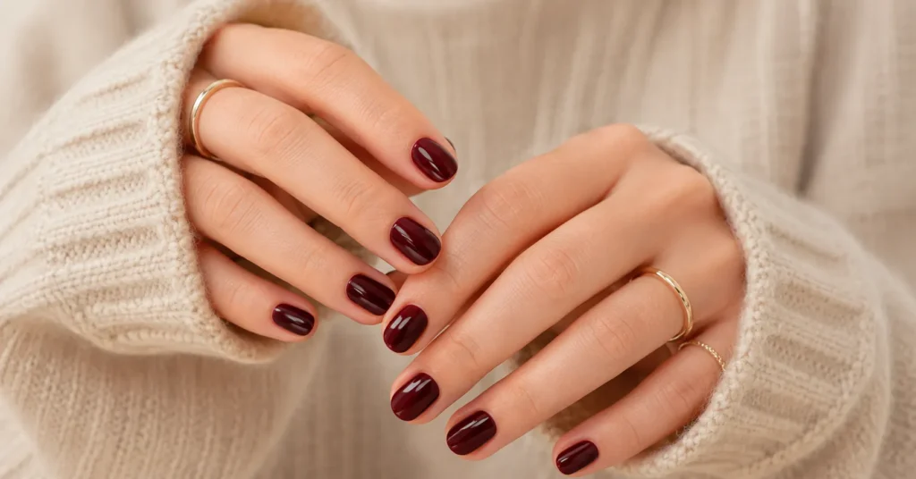 Dark winter nail colours with glossy burgundy nails on short oval manicure.