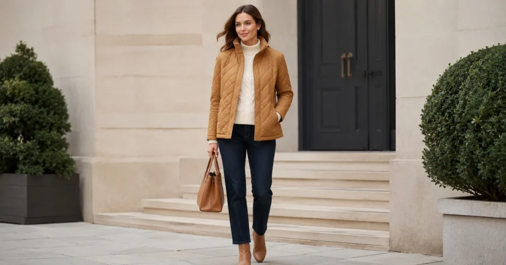Funnel Neck Jacket: The Complete Style & Buying Guide 3 Women's funnel neck jacket outfit with a camel quilted jacket styled for everyday winter fashion.
