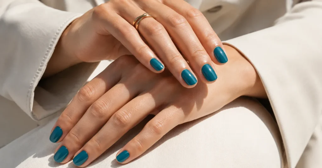 Teal Nail Trends 2026 with glossy mid-teal nails in a clean oval manicure style.