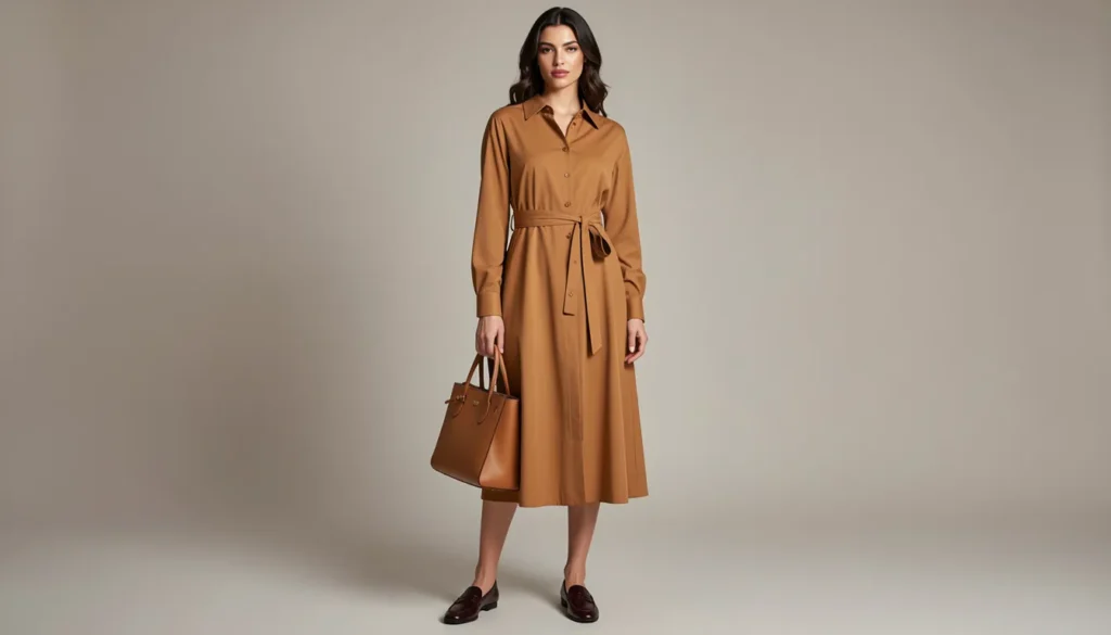 Shirt Dresses for Women: The Complete Style Guide 3 Shirt dresses for women styled with a camel belted midi shirt dress and loafers.