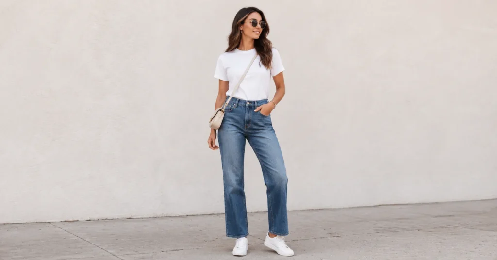 Stovepipe Jeans Outfit Ideas: How to Style Them in this year 3 Casual stovepipe jeans outfit ideas with medium wash jeans, white t-shirt, and sneakers.