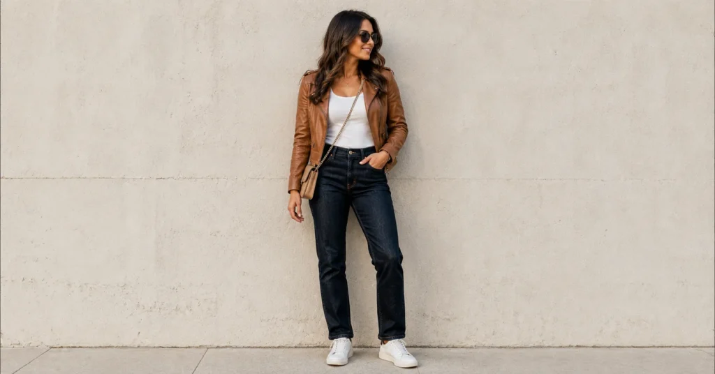 Teddy Swims Concert Outfit Ideas: What to Wear to the Show 4 Casual Teddy Swims concert outfit ideas with dark jeans, white top, leather jacket, and sneakers.