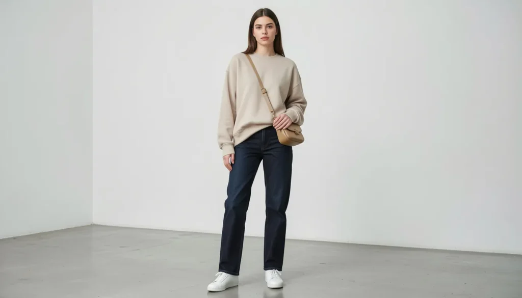 Trendy Sweatshirts Outfit Ideas: How to Style Them in this year 3 Casual trendy sweatshirts outfit ideas with oversized crewneck sweatshirt, straight-leg jeans, and white sneakers.